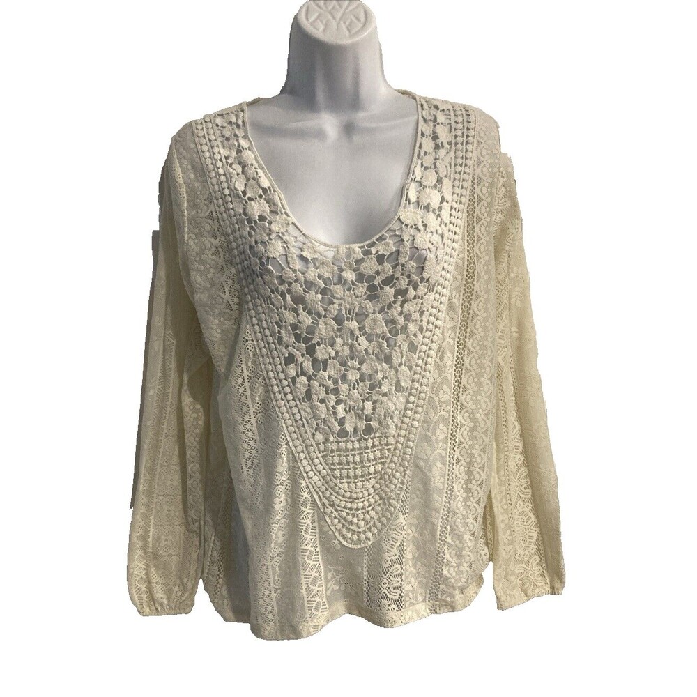 Eyeshadow Top Shirt Size L Ivory Lace Crochet Long sleeve Sheer Blouse Boho